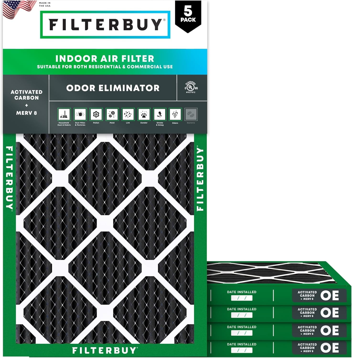Filterbuy 12x24x1 Air Filter MERV 10 Odor Defense, Pleated HVAC AC Furnace Filter Replacement, 5-Pack