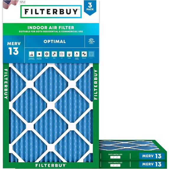 Filterbuy 12x30x1 Air Filter MERV 13 Smoke Defense, Pleated HVAC AC Furnace Filter Replacement, 3-Pack