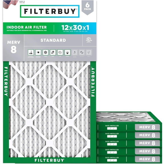 Filterbuy 12x30x1 Air Filter MERV 8 Dust Defense, Pleated HVAC AC Furnace Filter Replacement, 6-Pack
