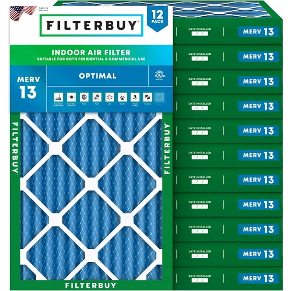 Filterbuy 12x30x2 Air Filter MERV 13 Smoke Defense, Pleated HVAC AC Furnace Filter Replacement, 12-Pack
