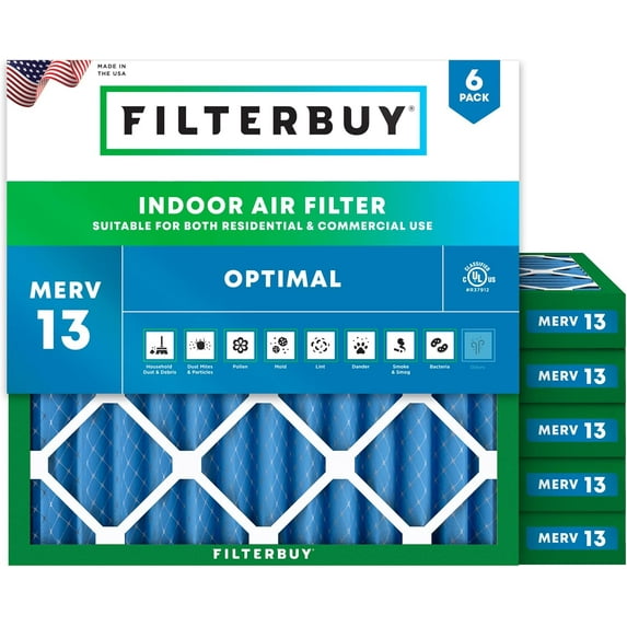 Filterbuy 13.25x13.25x2 Air Filter MERV 13 Smoke Defense, Pleated HVAC AC Furnace Filter Replacement, 6-Pack