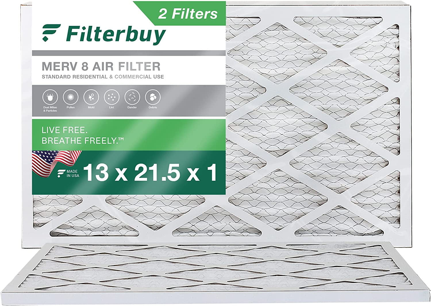 Filterbuy 13x21.5x1 MERV 8 Pleated HVAC AC Furnace Air Filters (2Pack