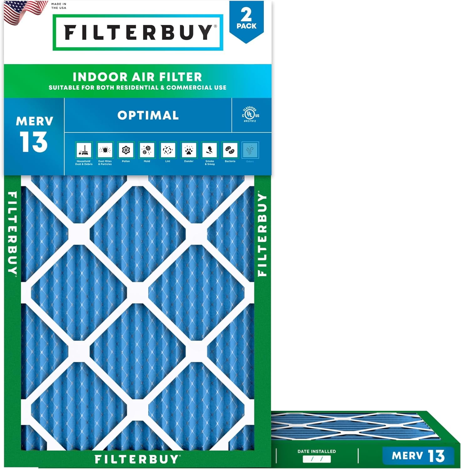 Filterbuy 13x24x1 Air Filter MERV 13 Smoke Defense, Pleated HVAC AC Furnace Filter Replacement, 2-Pack