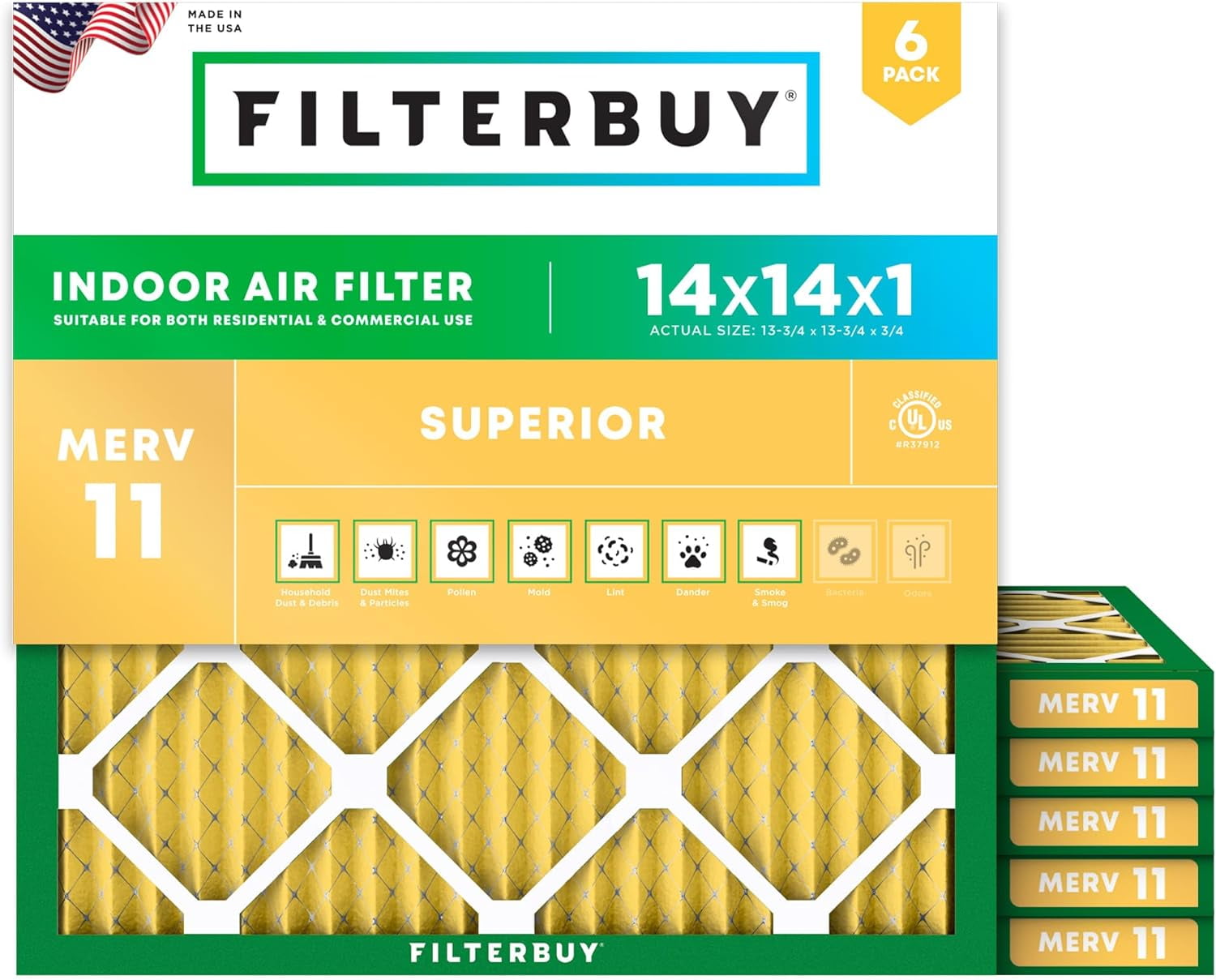 Filterbuy 14x14x1 Air Filter MERV 11 Allergy Defense, Pleated HVAC AC Furnace Filter Replacement, 6-Pack