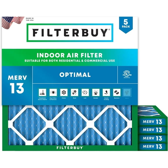 Filterbuy 14x14x1 MERV 13 Health Defense, Pleated HVAC AC Furnace Air Filters (5-Pack)