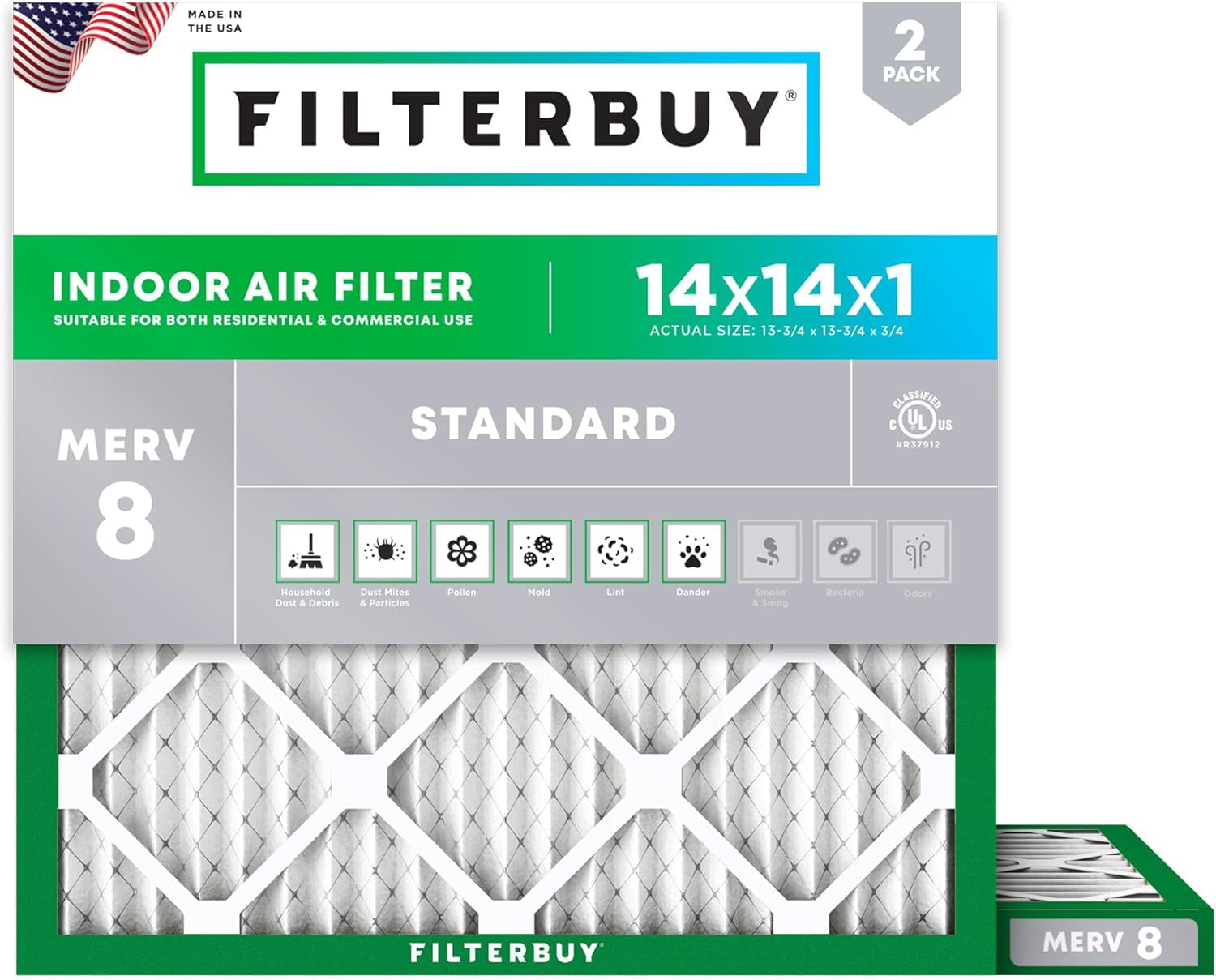 Filterbuy 14x14x1 Air Filter MERV 8 Dust Defense, Pleated HVAC AC Furnace Filter Replacement, 2-Pack