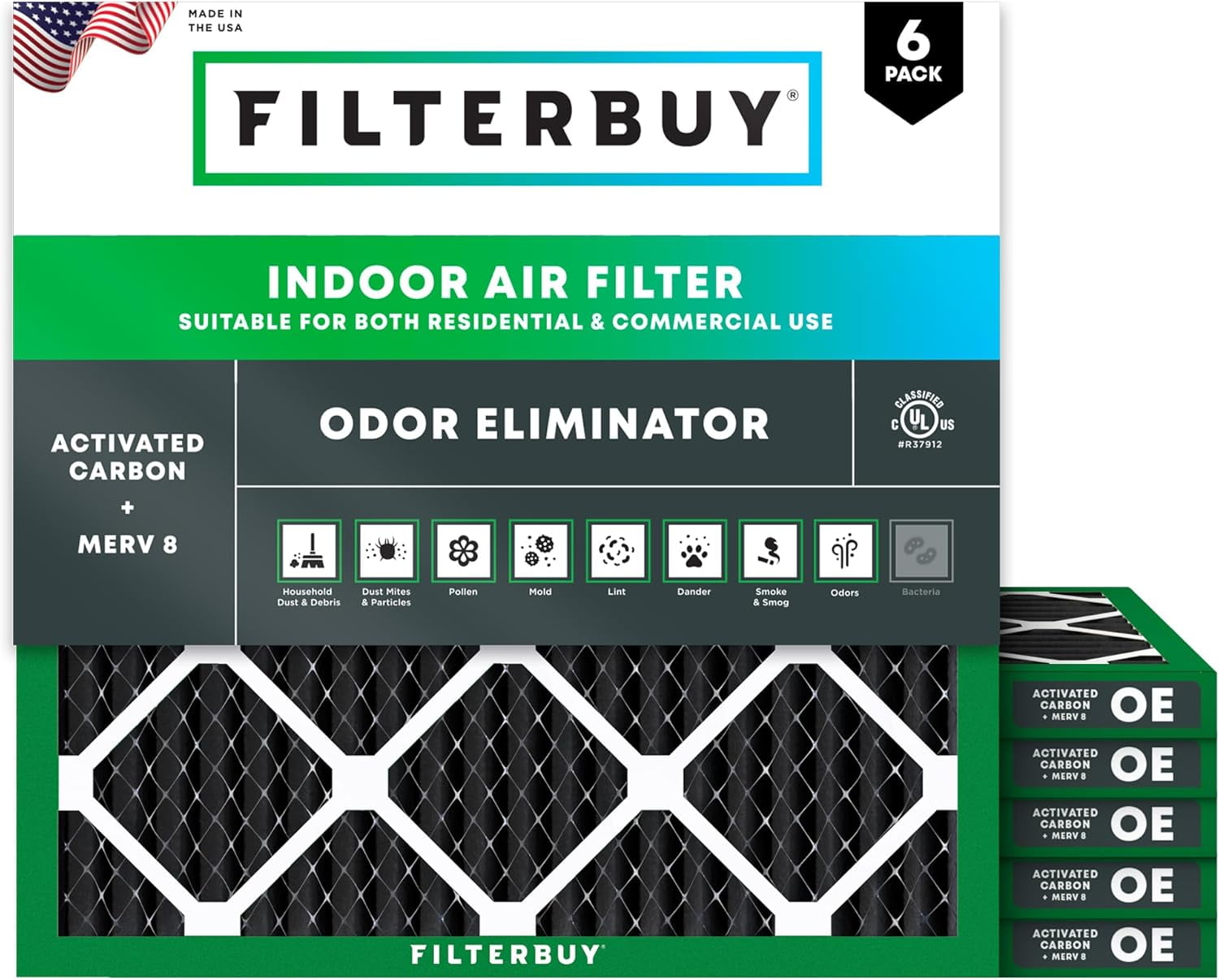 Filterbuy 14x14x1 Air Filter MERV 10 Odor Defense, Pleated HVAC AC Furnace Filter Replacement, 6-Pack