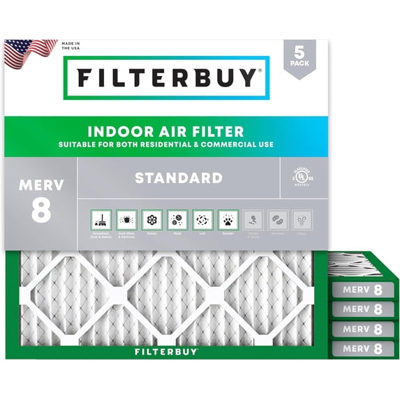 Filterbuy 14x14x1 Air Filter MERV 8 Dust Defense, Pleated HVAC AC Furnace Filter Replacement, 5-Pack