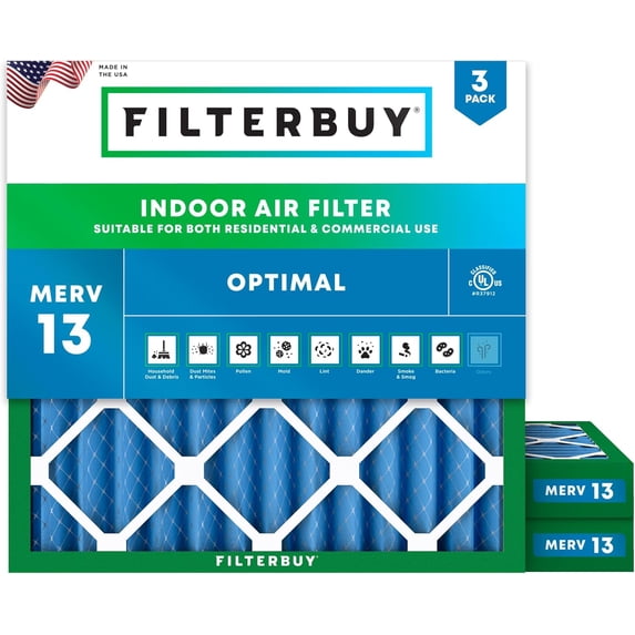Filterbuy 14x14x2 Air Filter MERV 13 Smoke Defense, Pleated HVAC AC Furnace Filter Replacement, 3-Pack
