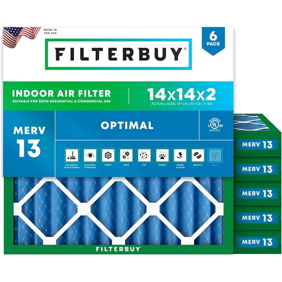 Filterbuy 14x14x2 Air Filter MERV 13 Smoke Defense, Pleated HVAC AC Furnace Filter Replacement, 6-Pack