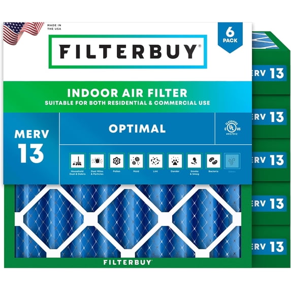 Filterbuy 14x14x4 Air Filter MERV 13 Smoke Defense, Pleated HVAC AC Furnace Filter Replacement, 6-Pack