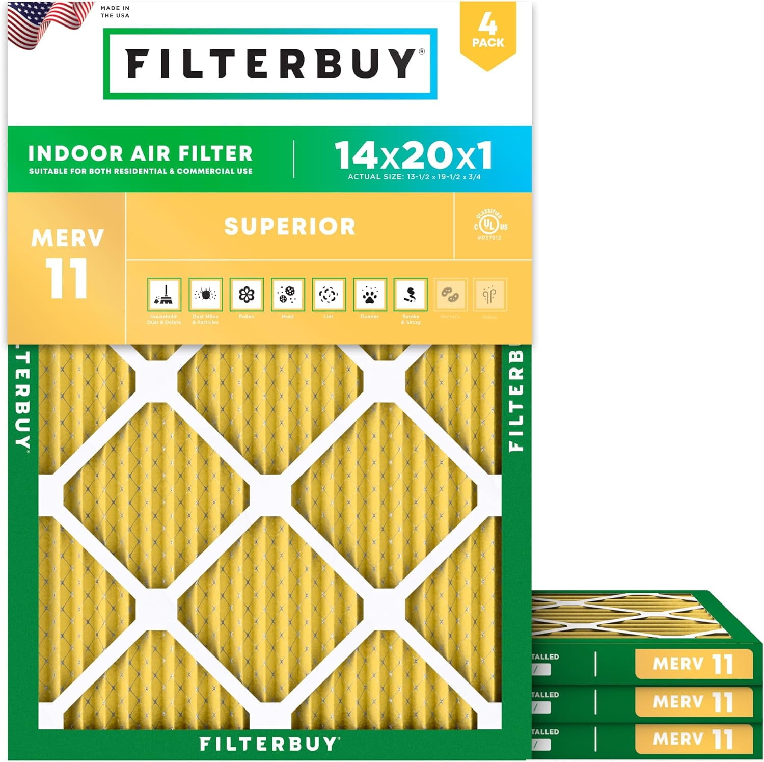 Filterbuy 14x20x1 Air Filter MERV 11 Allergy Defense, Pleated HVAC AC Furnace Filter Replacement, 4-Pack