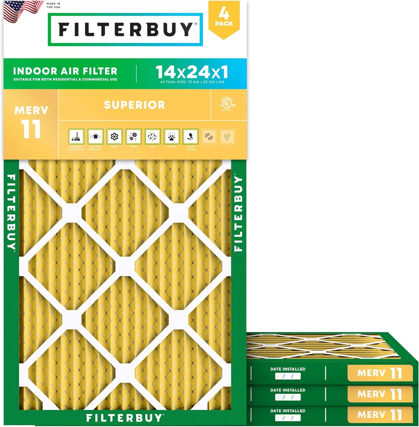Filterbuy 14x24x1 Air Filter MERV 11 Allergy Defense, Pleated HVAC AC Furnace Filter Replacement, 4-Pack