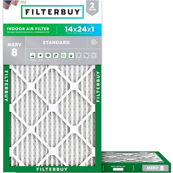 Filterbuy 14x24x1 MERV 8 Dust Defense, Pleated HVAC AC Furnace Air Filters (2-Pack)