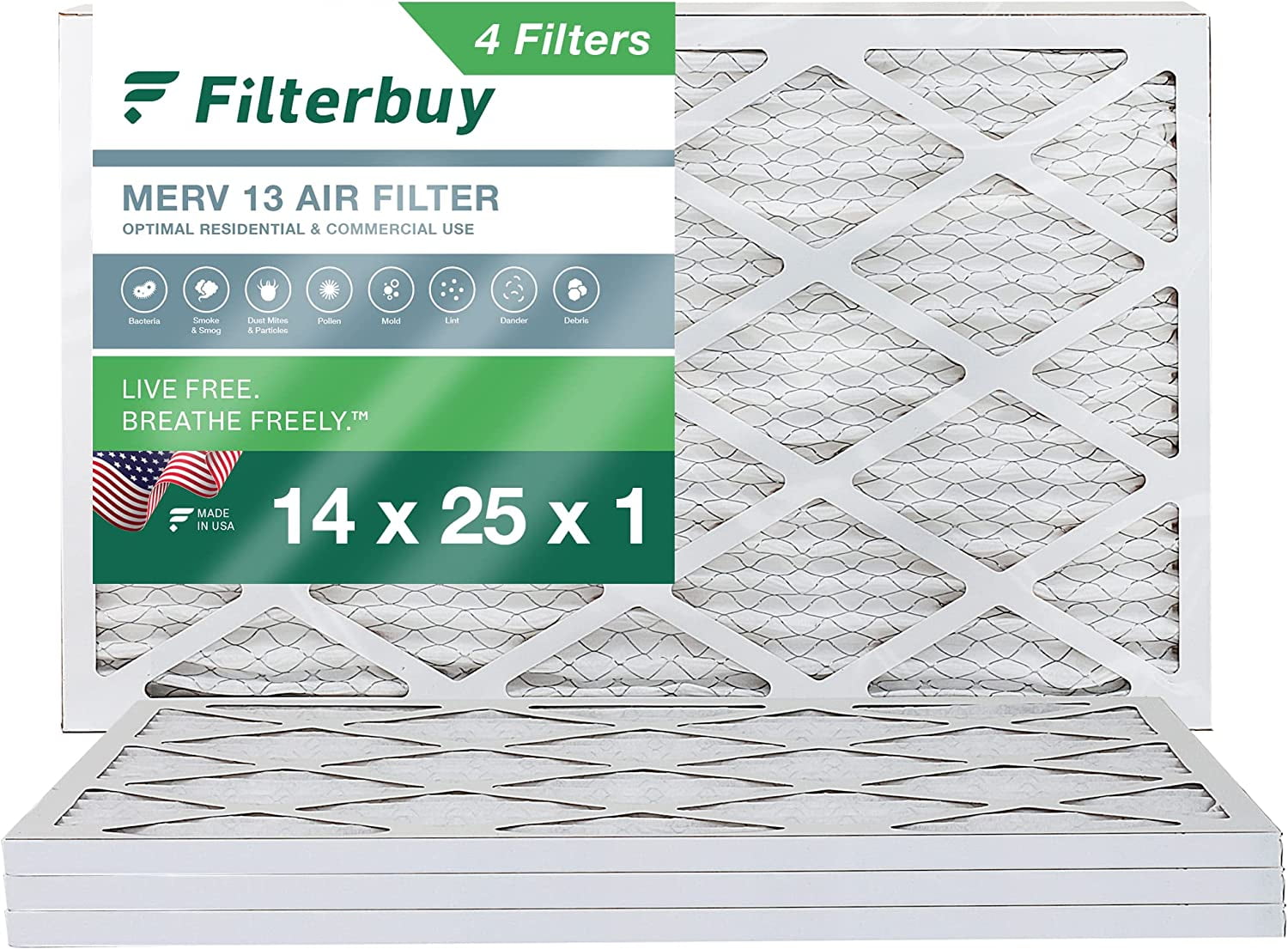 Filterbuy 14x25x1 MERV 13 Pleated HVAC AC Furnace Air Filters (4Pack)