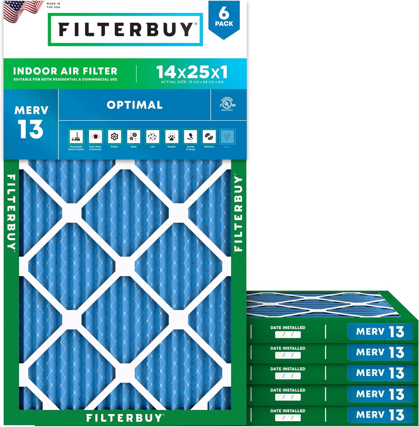 Filterbuy 14x25x1 Air Filter MERV 13 Smoke Defense, Pleated HVAC AC Furnace Filter Replacement, 6-Pack