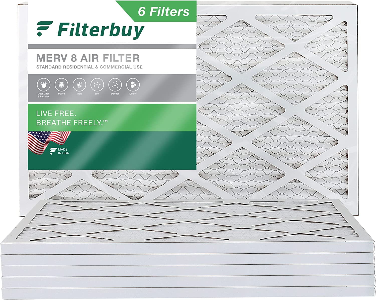 Filterbuy 14x25x1 MERV 8 Pleated HVAC AC Furnace Air Filters (6Pack