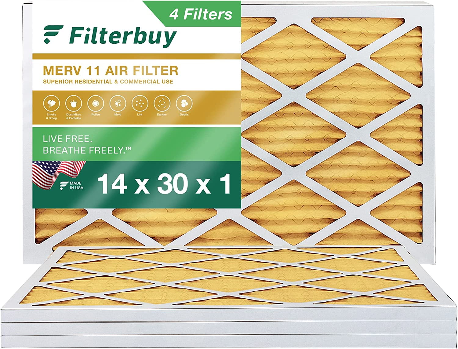 Filterbuy 14x30x1 MERV 11 Pleated HVAC AC Furnace Air Filters (4Pack