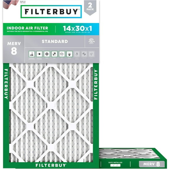 Filterbuy 14x30x1 MERV 8 Dust Defense, Pleated HVAC AC Furnace Air Filters (2-Pack)