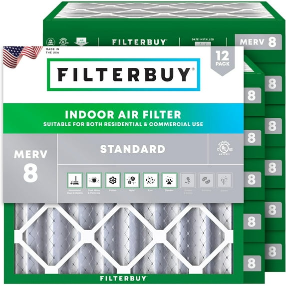 Filterbuy 15.25x15.25x4 Air Filter MERV 8 Dust Defense, Pleated HVAC AC Furnace Filter Replacement, 12-Pack