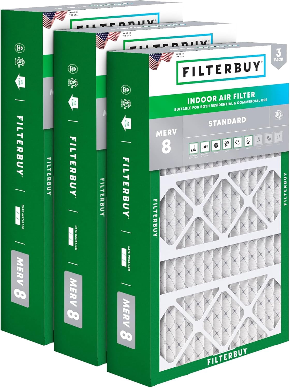 Filterbuy 15.75x27.63x3.50 Air Filter MERV 8 Dust Defense, Pleated HVAC AC Furnace Filter Replacement for Aprilaire Space-Gard 2140, 3-Pack