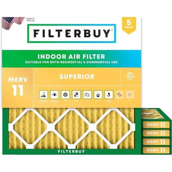 Filterbuy 15x15x1 Air Filter MERV 11 Allergy Defense, Pleated HVAC AC Furnace Filter Replacement, 5-Pack