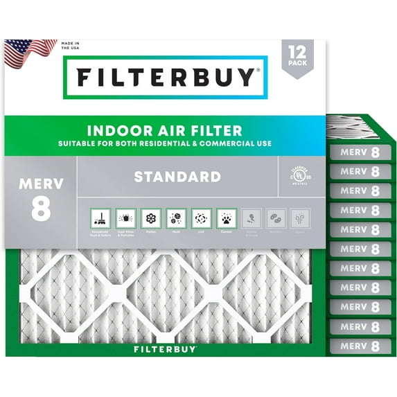Filterbuy 15x15x1 Air Filter MERV 8 Dust Defense, Pleated HVAC AC Furnace Filter Replacement, 12-Pack