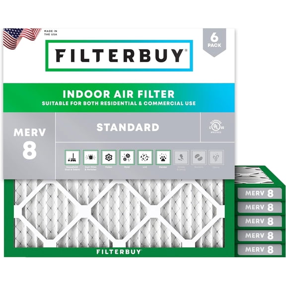 Filterbuy 15x15x1 Air Filter MERV 8 Dust Defense, Pleated HVAC AC Furnace Filter Replacement, 6-Pack