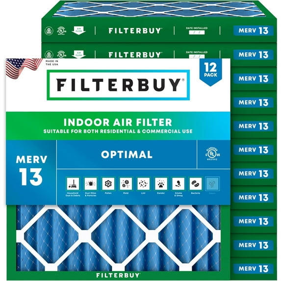 Filterbuy 15x15x2 Air Filter MERV 13 Smoke Defense, Pleated HVAC AC Furnace Filter Replacement, 12-Pack
