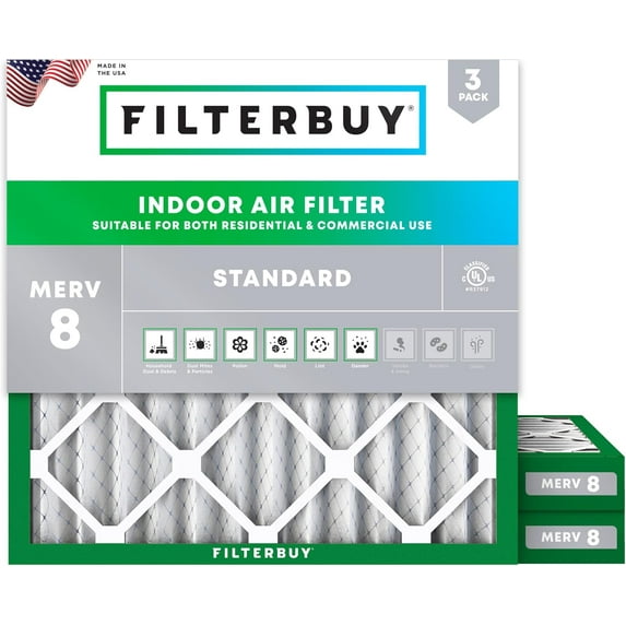 Filterbuy 15x15x2 MERV 8 Dust Defense, Pleated HVAC AC Furnace Air Filters (3-Pack)