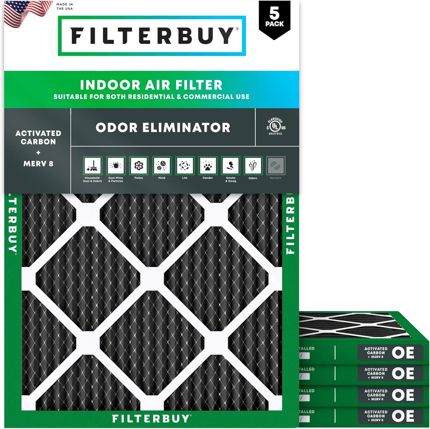 Filterbuy 15x20x1 Air Filter MERV 10 Odor Defense, Pleated HVAC AC Furnace Filter Replacement, 5-Pack