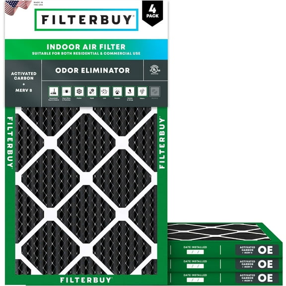 Filterbuy 15x25x1 Air Filter MERV 10 Odor Defense, Pleated HVAC AC Furnace Filter Replacement, 4-Pack