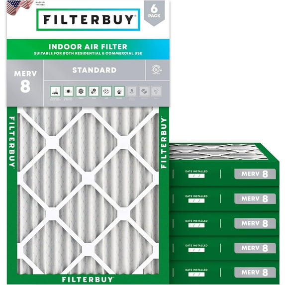 Filterbuy 15x25x2 Air Filter MERV 8 Dust Defense, Pleated HVAC AC Furnace Filter Replacement, 6-Pack