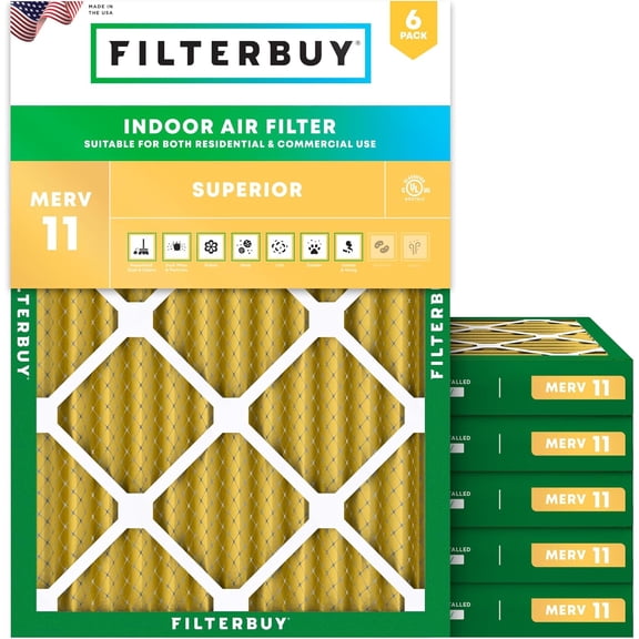 Filterbuy 16.25x21x2 Air Filter MERV 11 Allergy Defense, Pleated HVAC AC Furnace Filter Replacement, 6-Pack