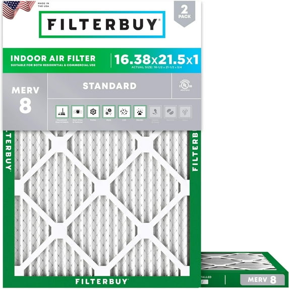 Filterbuy 16.38x21.5x1 MERV 8 Dust Defense, Pleated HVAC AC Furnace Air Filters (2-Pack)