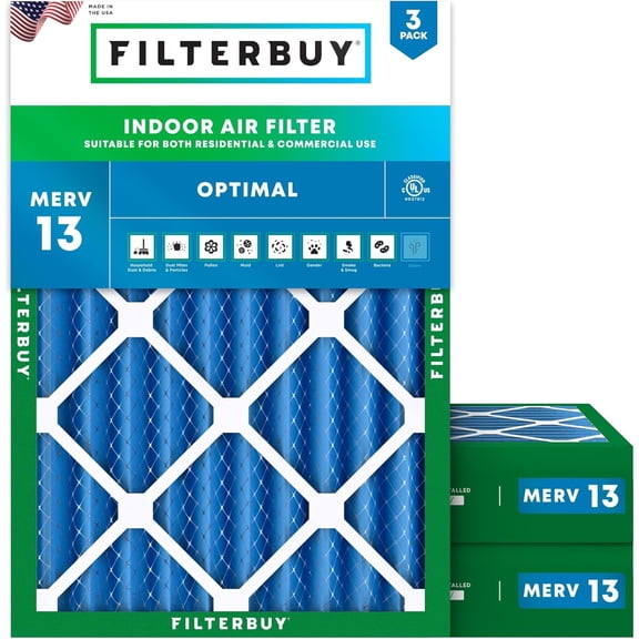 Filterbuy 16.5x22x4 Air Filter MERV 13 Smoke Defense, Pleated HVAC AC Furnace Filter Replacement, 3-Pack