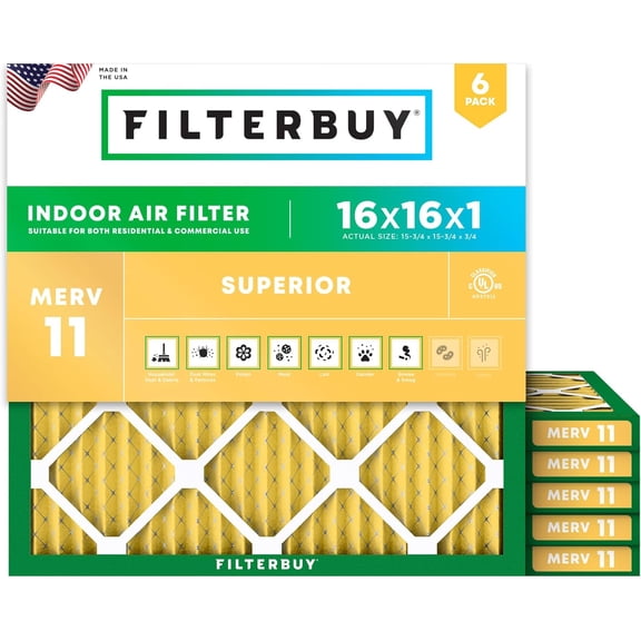 Filterbuy 16x16x1 Air Filter MERV 11 Allergy Defense, Pleated HVAC AC Furnace Filter Replacement, 6-Pack