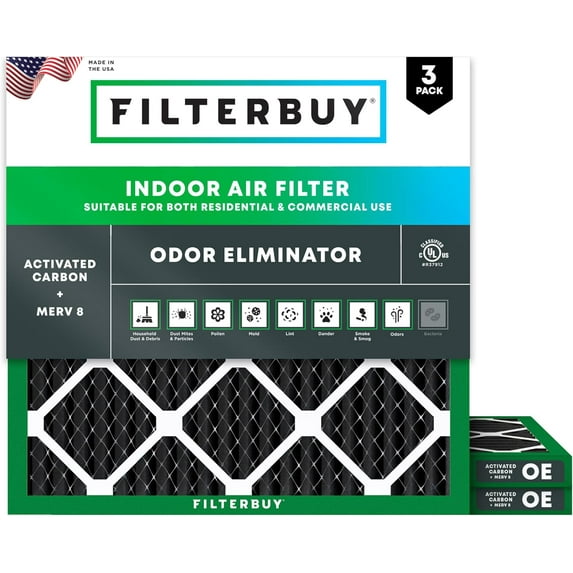 Filterbuy 16x16x1 Air Filter MERV 10 Odor Defense, Pleated HVAC AC Furnace Filter Replacement, 3-Pack
