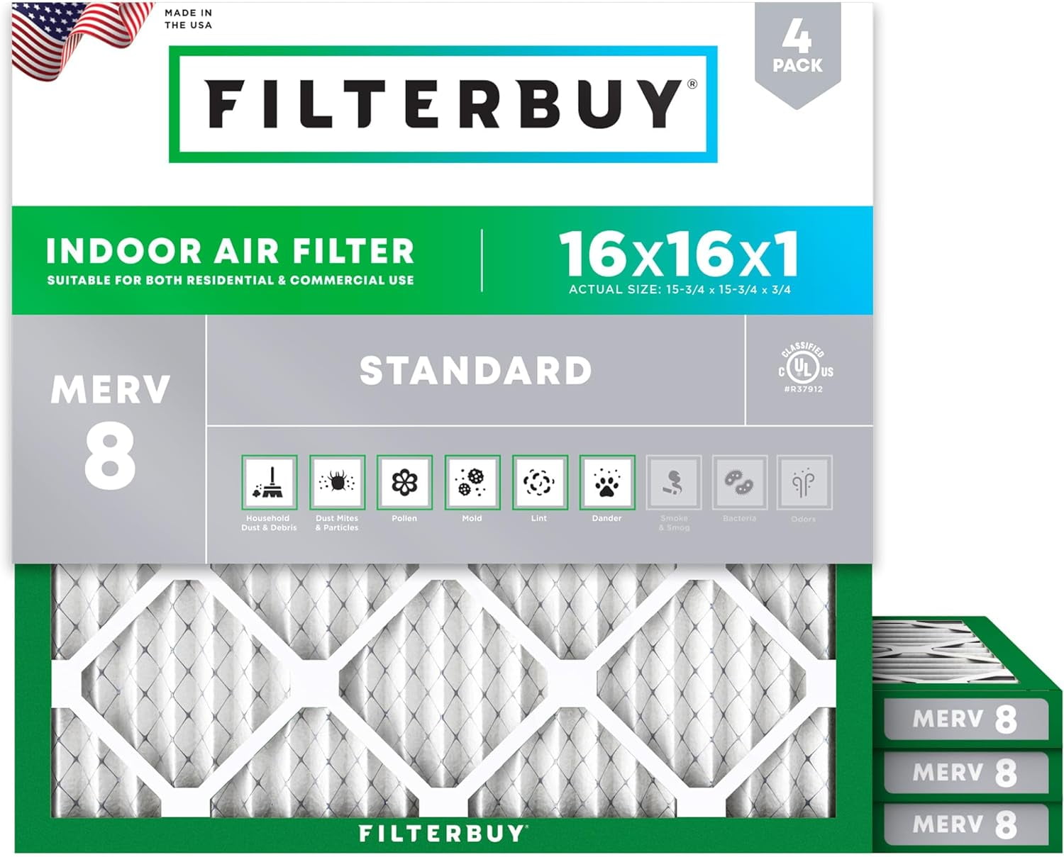 Filterbuy 16x16x1 Air Filter MERV 8 Dust Defense, Pleated HVAC AC Furnace Filter Replacement, 4-Pack