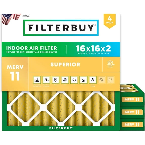 Filterbuy 16x16x2 Air Filter MERV 11 Allergy Defense, Pleated HVAC AC Furnace Filter Replacement, 4-Pack