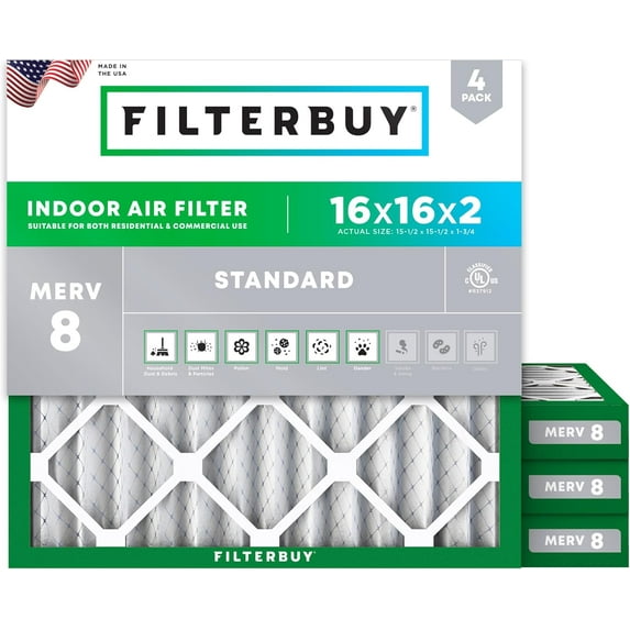 Filterbuy 16x16x2 Air Filter MERV 8 Dust Defense, Pleated HVAC AC Furnace Filter Replacement, 4-Pack