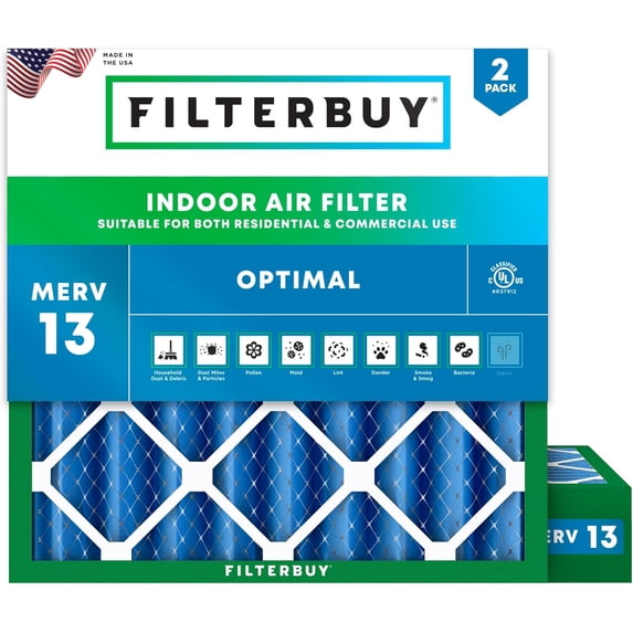 Filterbuy 16x16x4 Air Filter MERV 13 Smoke Defense, Pleated HVAC AC Furnace Filter Replacement, 2-Pack