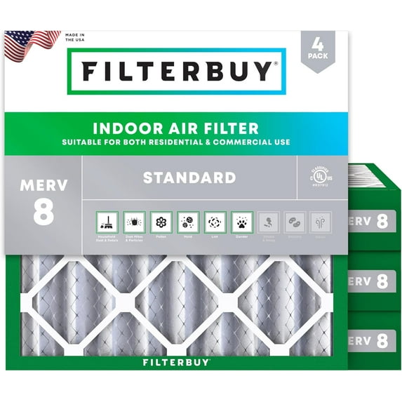Filterbuy 16x16x4 Air Filter MERV 8 Dust Defense, Pleated HVAC AC Furnace Filter Replacement, 4-Pack