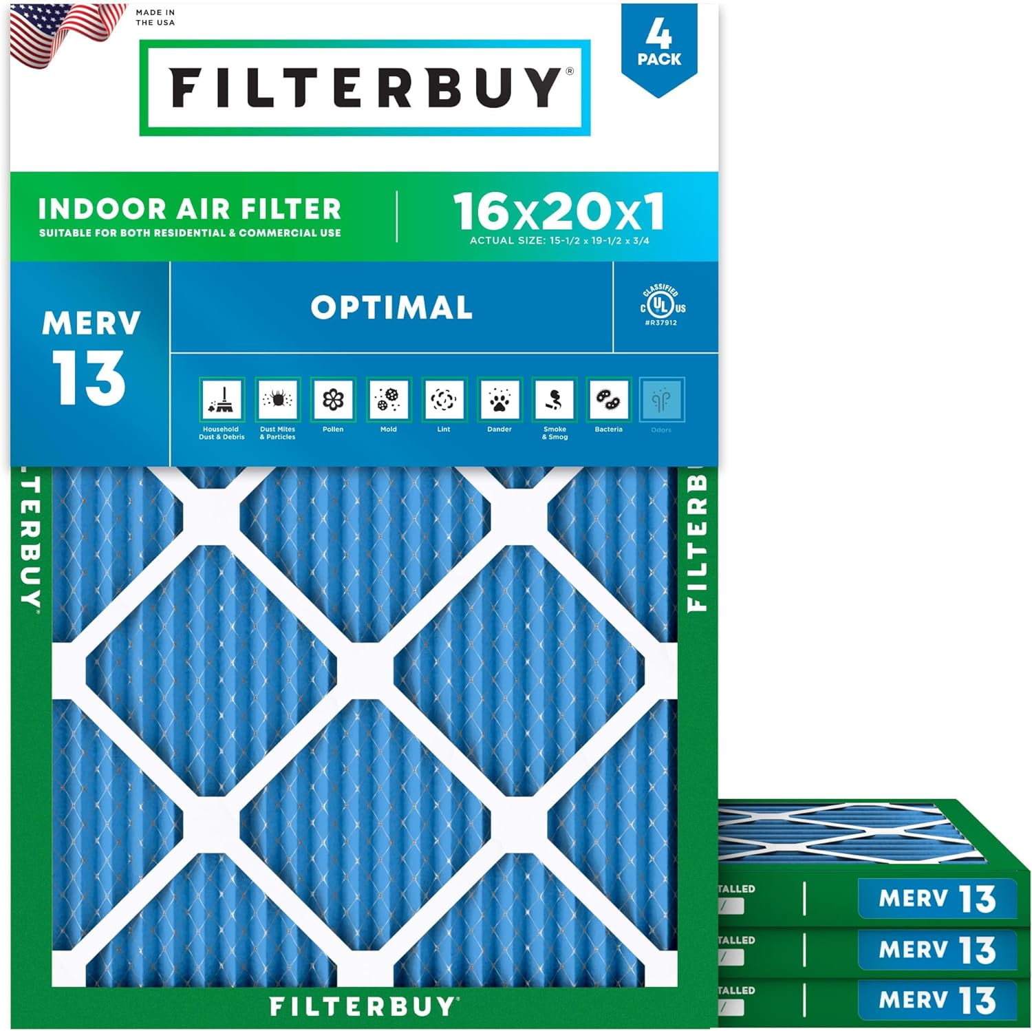 Filterbuy 16x20x1 Air Filter MERV 13 Smoke Defense, Pleated HVAC AC Furnace Filter Replacement, 4-Pack