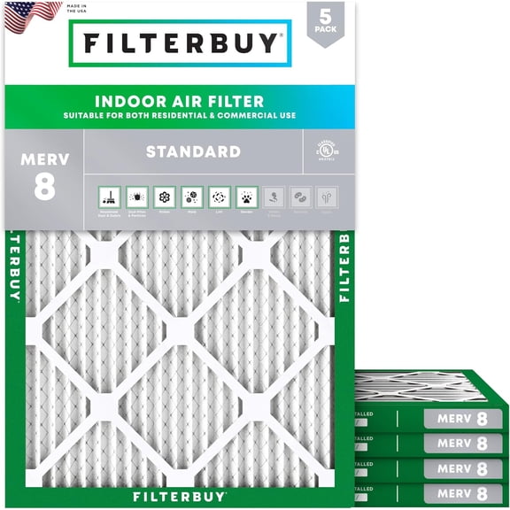 Filterbuy 16x20x1 Air Filter MERV 8 Dust Defense, Pleated HVAC AC Furnace Filter Replacement, 5-Pack