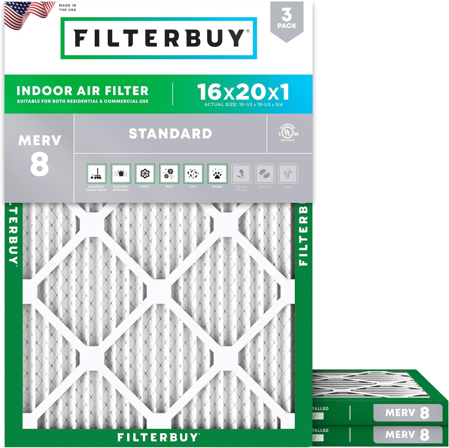 Filterbuy 16x20x1 Air Filter MERV 8 Dust Defense, Pleated HVAC AC Furnace Filter Replacement, 3-Pack
