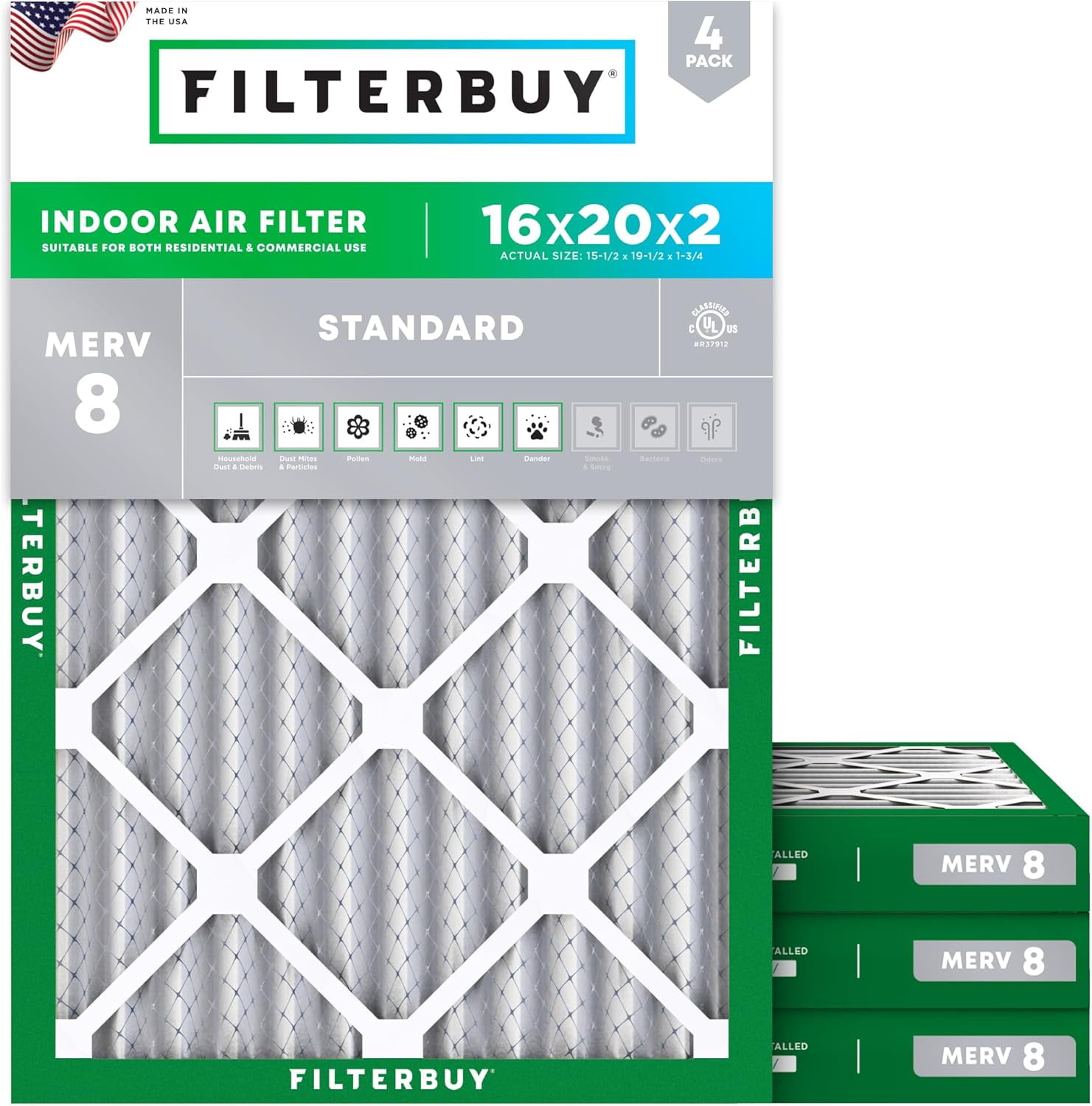Filterbuy 16x20x2 Air Filter MERV 8 Dust Defense, Pleated HVAC AC Furnace Filter Replacement, 4-Pack
