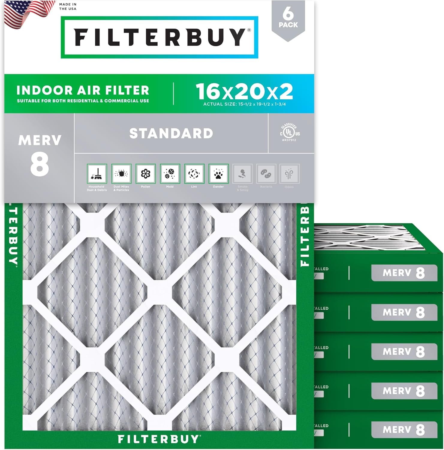 Filterbuy 16x20x2 Air Filter MERV 8 Dust Defense, Pleated HVAC AC Furnace Filter Replacement, 6-Pack