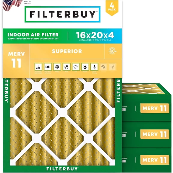 Filterbuy 16x20x4 Air Filter MERV 11 Allergy Defense, Pleated HVAC AC Furnace Filter Replacement, 4-Pack