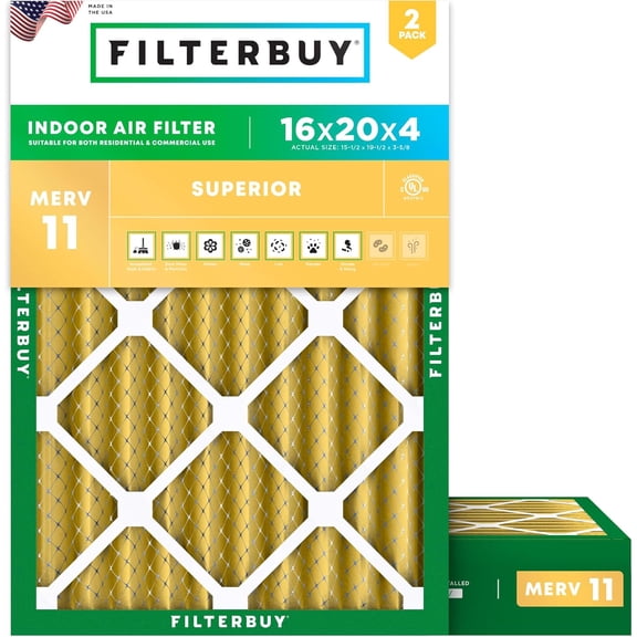 Filterbuy 16x20x4 Air Filter MERV 11 Allergy Defense, Pleated HVAC AC Furnace Filter Replacement, 2-Pack